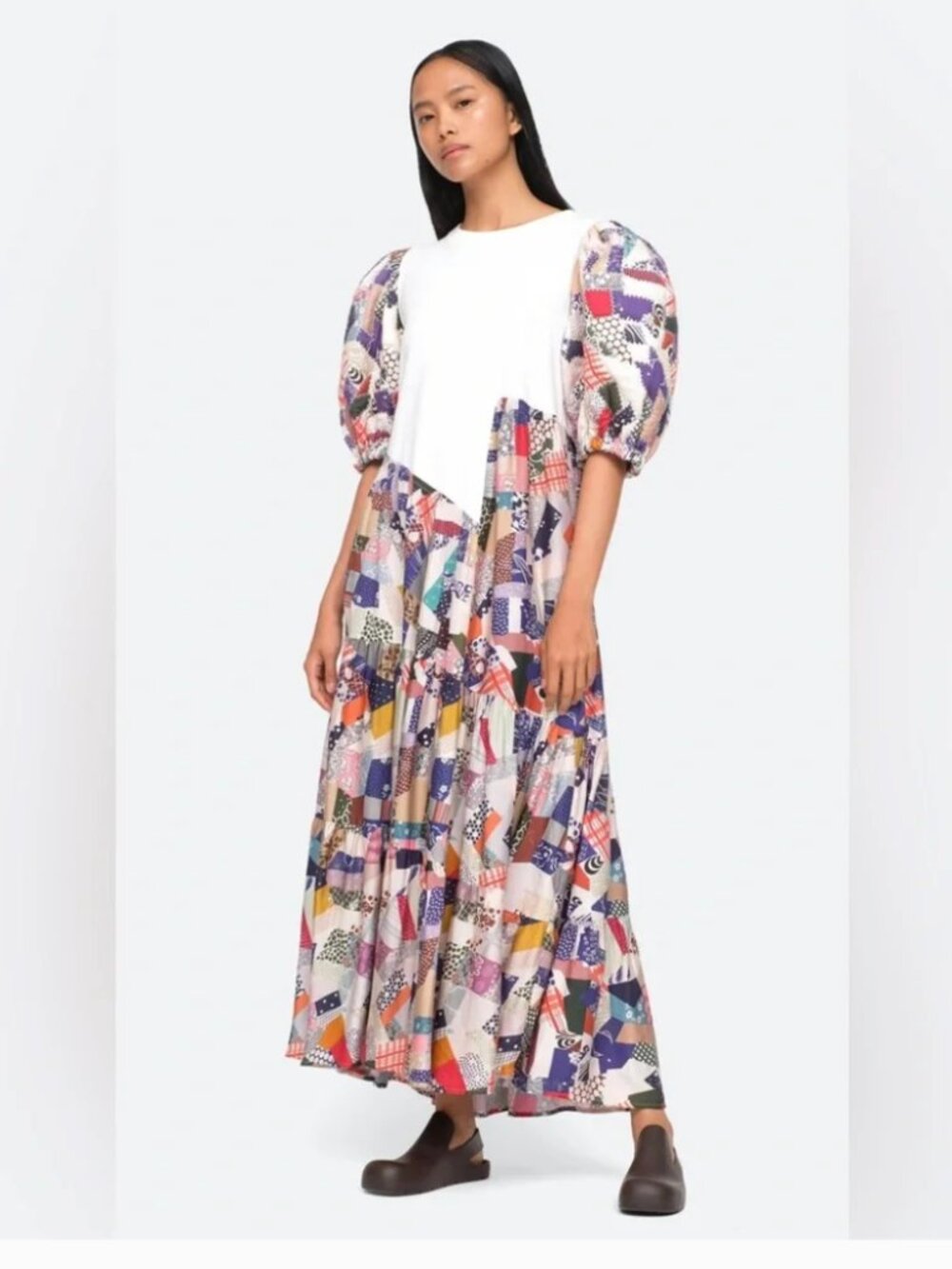 Sea New York White Top Multi-Color Patchwork Puff-Sleeve Maxi Dress 100% Cotton